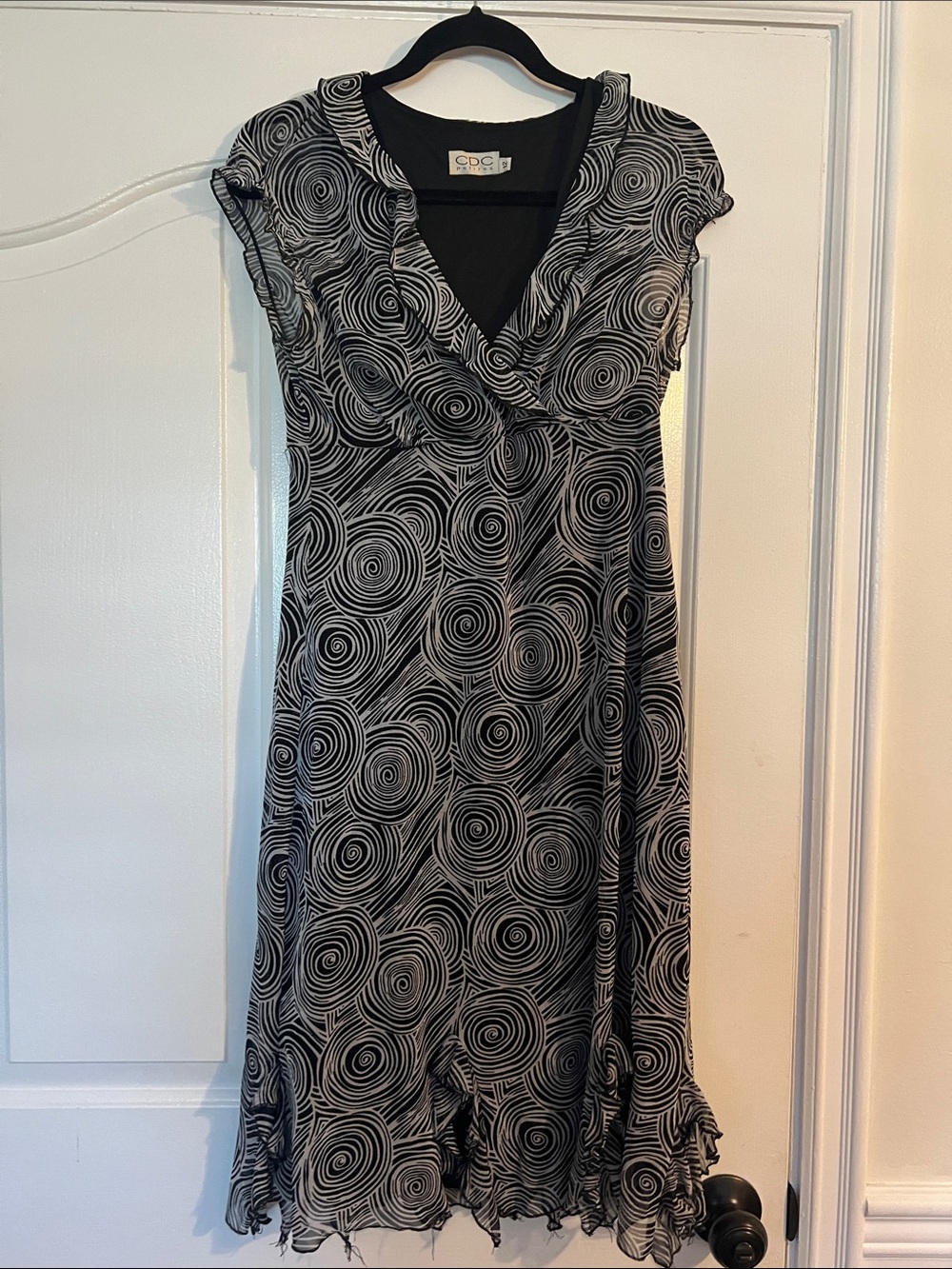 CDC Black & White Swirl Wrap-Style Midi Dress